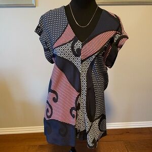 Blue/red/black patterned silk blouse by Theory, size L